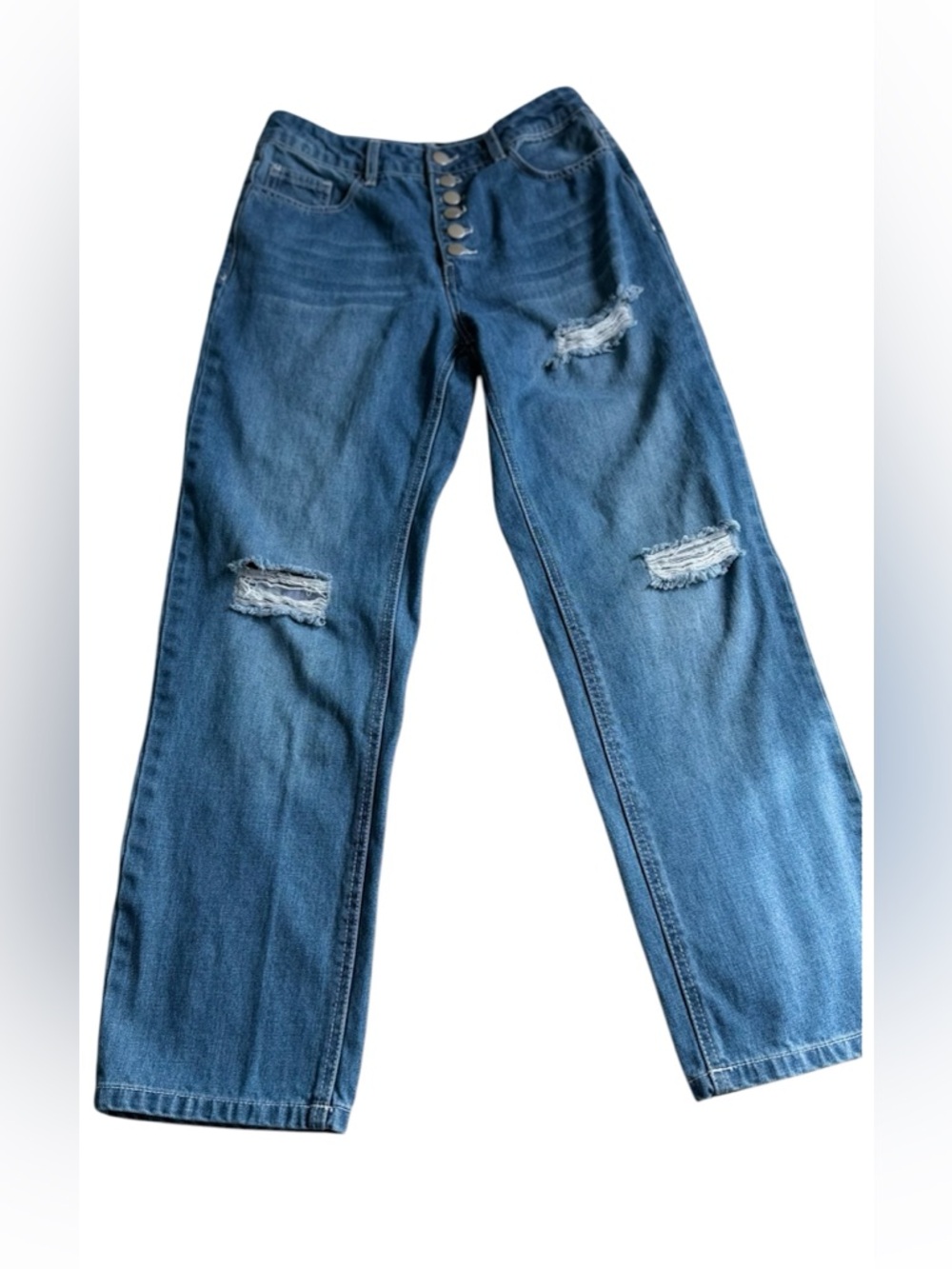 Midiross High-Rise Button-Fly Distressed Straight Leg Jeans - Blue (003)